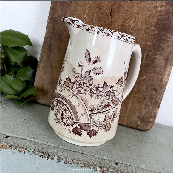 Vintage Ironstone Brown Transferware Pitcher Aesthetic Bird Stained Crazed - Picture 1 of 9
